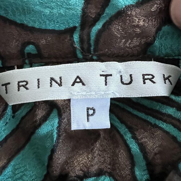 Trina Turk Shirt Womens Petite Brown Teal Silk Jacquard Button Blouse 3/4 Sleeve - Picture 12 of 12